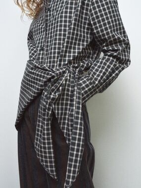 Plaid Wrap Button-Up Shirt With Scarf